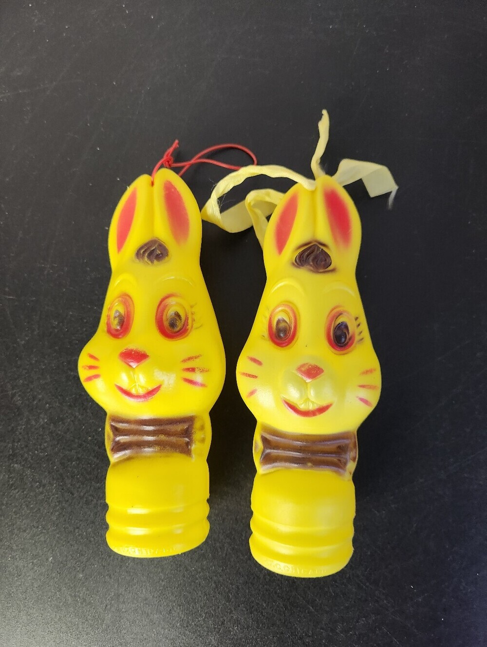 2 Vintage Blow Mold EASTER BUNNY Heads for Candy Tube Bank 6" Rabbits Yellow